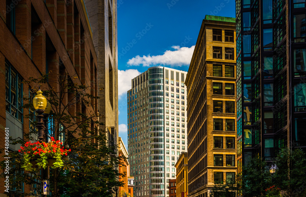 Modern buildings along a street in Boston, Massachusetts.