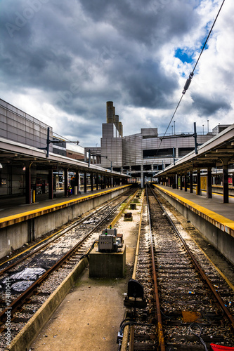 Railroad tracks in the South Station, Boston, Massachusetts.