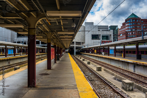 Railroad tracks in the South Station, Boston, Massachusetts.