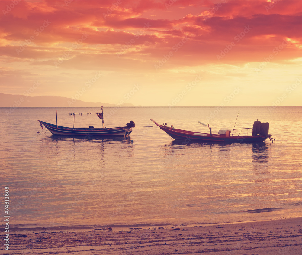 boats in sea at sunset, beautiful sunset