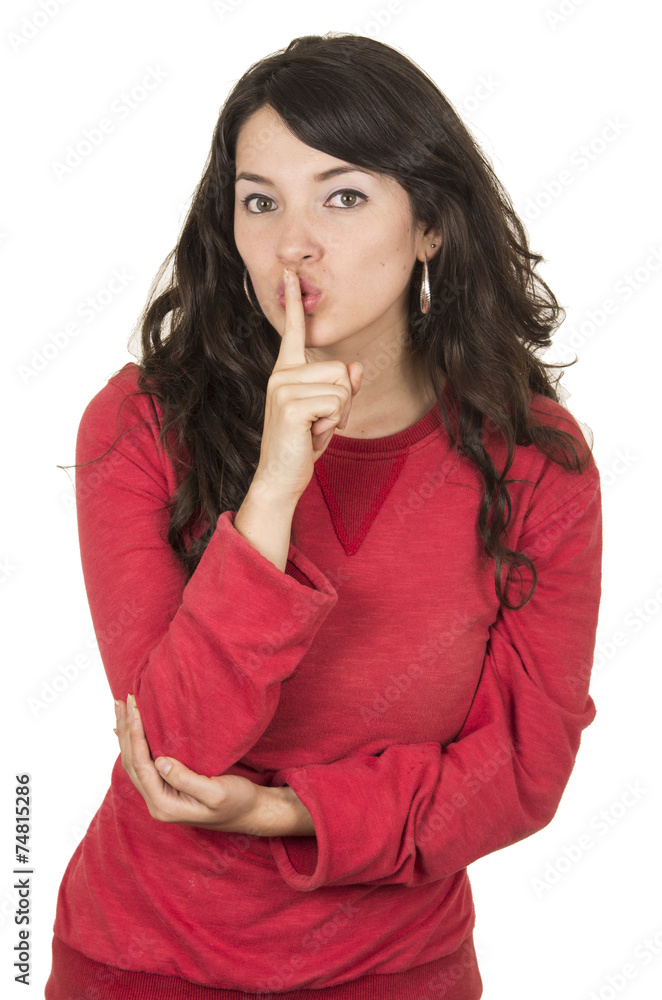 pretty young girl wearing red top posing gesturing silence pretty young girl wearing red top posing gesturing silence
