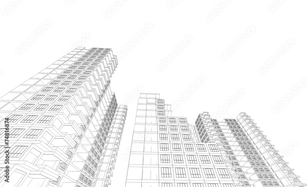 Perspective 3D render of Aerial view of city buildings 