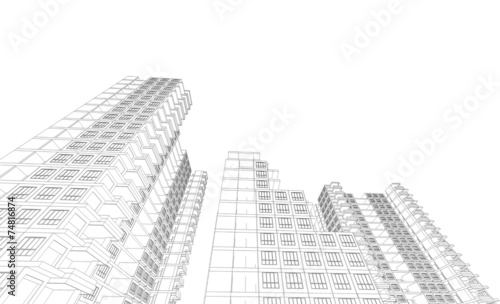 Perspective 3D render of Aerial view of city buildings 