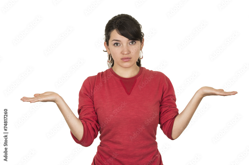 pretty young girl wearing red top posing with palms up looking pretty young girl wearing red top posing with palms up looking