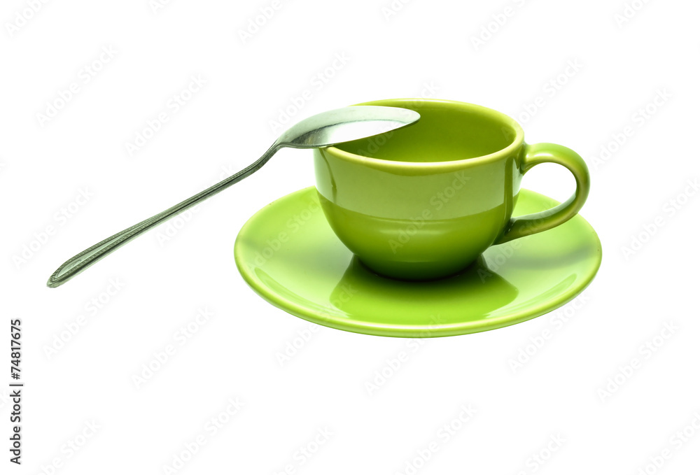 Fototapeta premium Green tea cup with spoon. Isolated on white background
