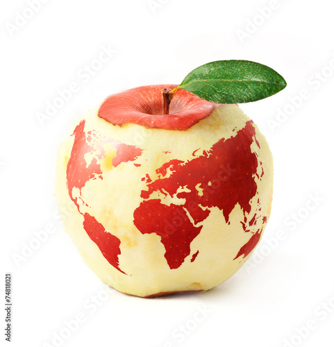 red apple with red world map, isolated on white background
