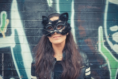 cat mask young beautiful brunette woman