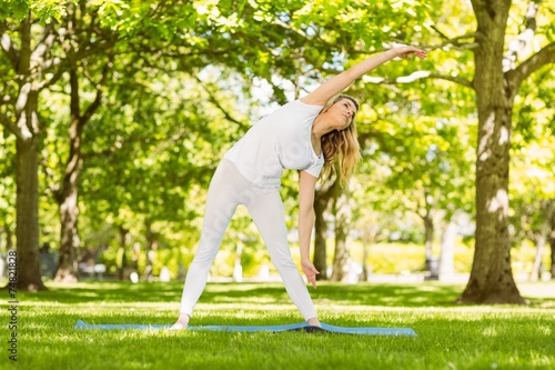 Peaceful blonde doing yoga in the park