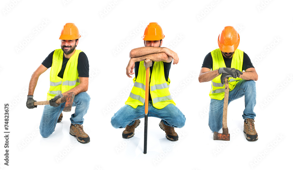 Workman with ax over white background Workman with ax over white background