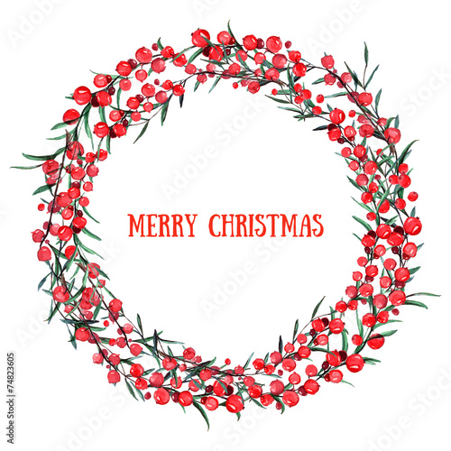 Watercolor wreath with red currant and rosemary
