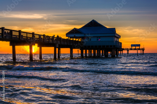 Fishing pier in the Gulf of Mexico at sunset, Clearwater Beach,