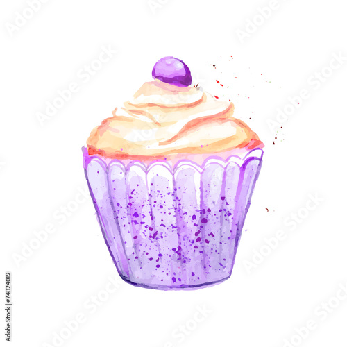 Watercolor vector cupcake with yellow cream and berry