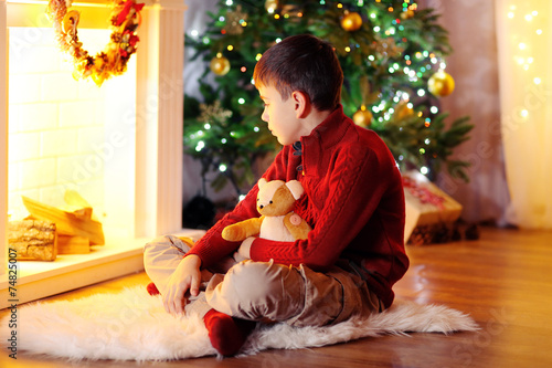 Little boy sitting near fir...