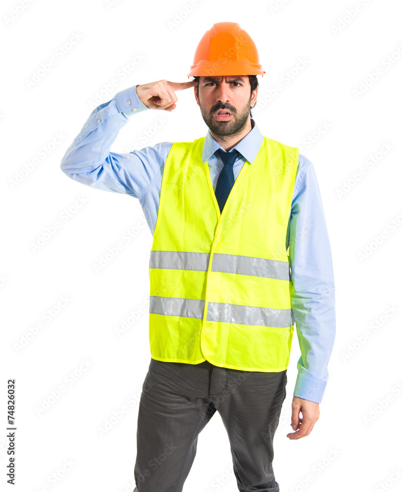 Workman making crazy gesture Workman making crazy gesture