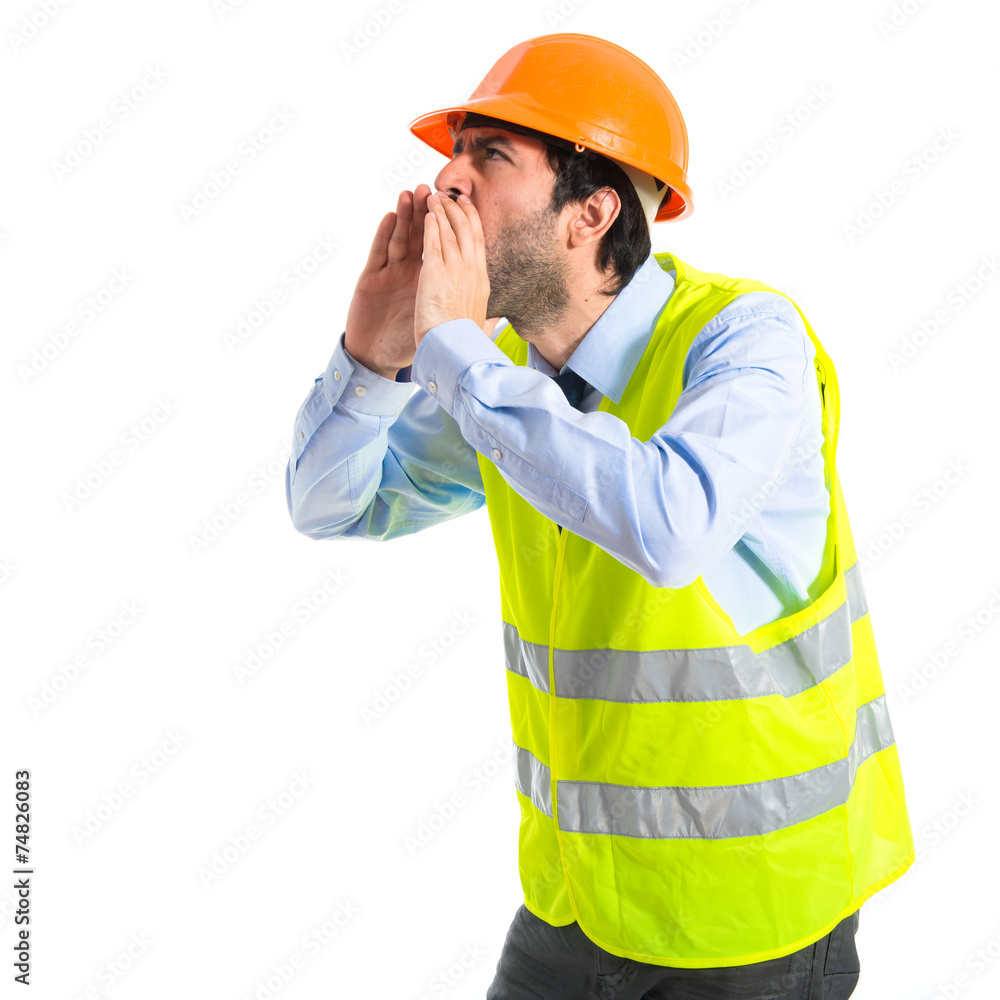 Workman shouting over white background Workman shouting over white background