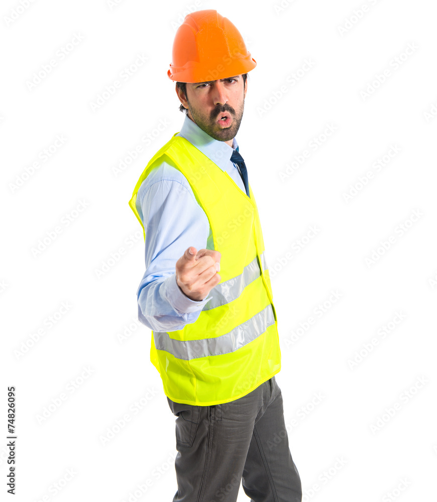 Workman shouting over white background