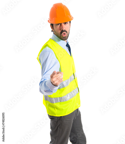 Workman shouting over white background