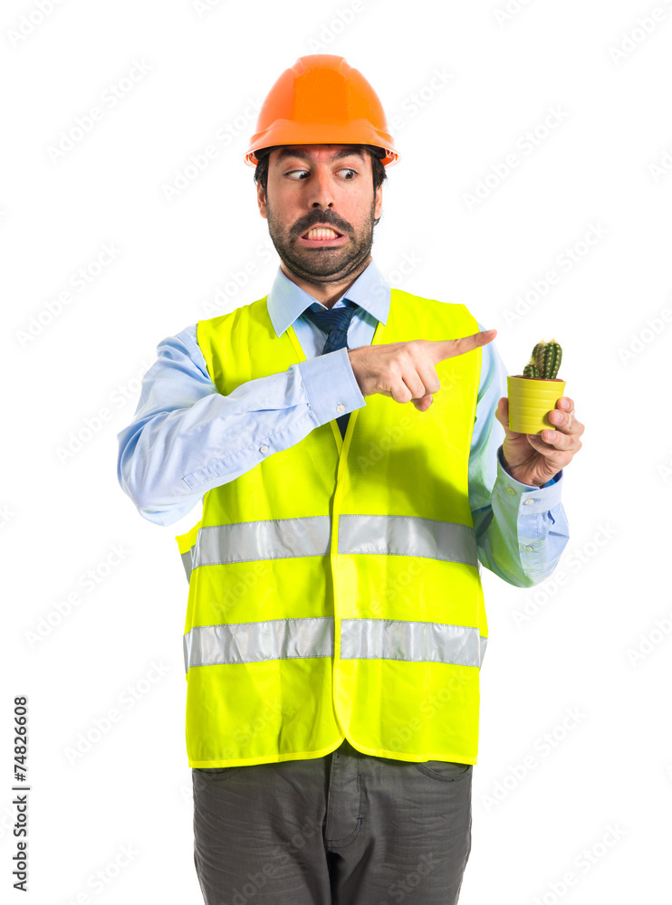 Worker holding a cactus Worker holding a cactus