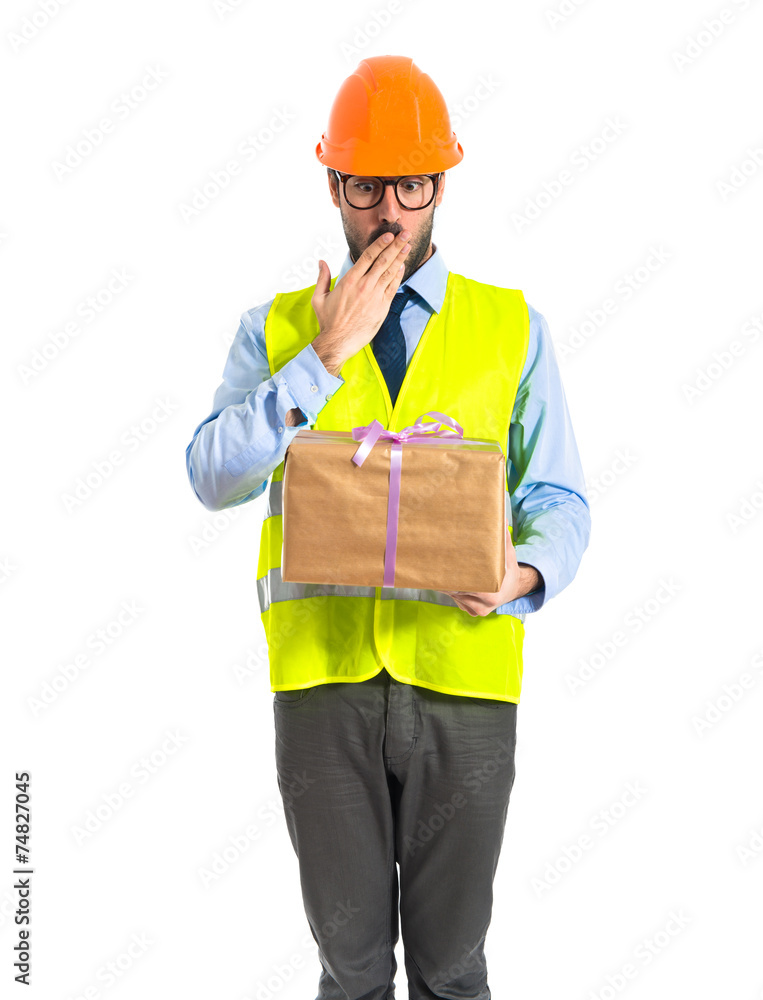 Worker holding a gift