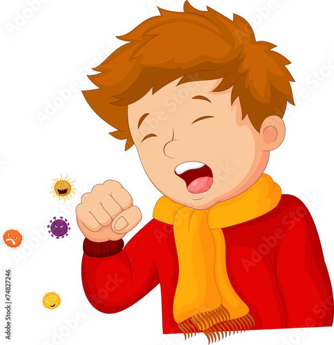 little boy coughing on white background