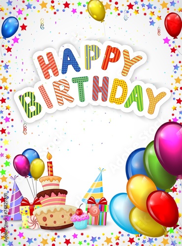 Birthday cartoon with colorful balloon and birthday cake