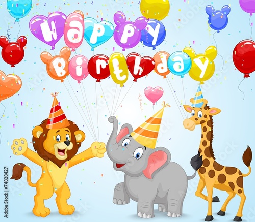 Birthday background with cartoon lion, giraffe and elephant