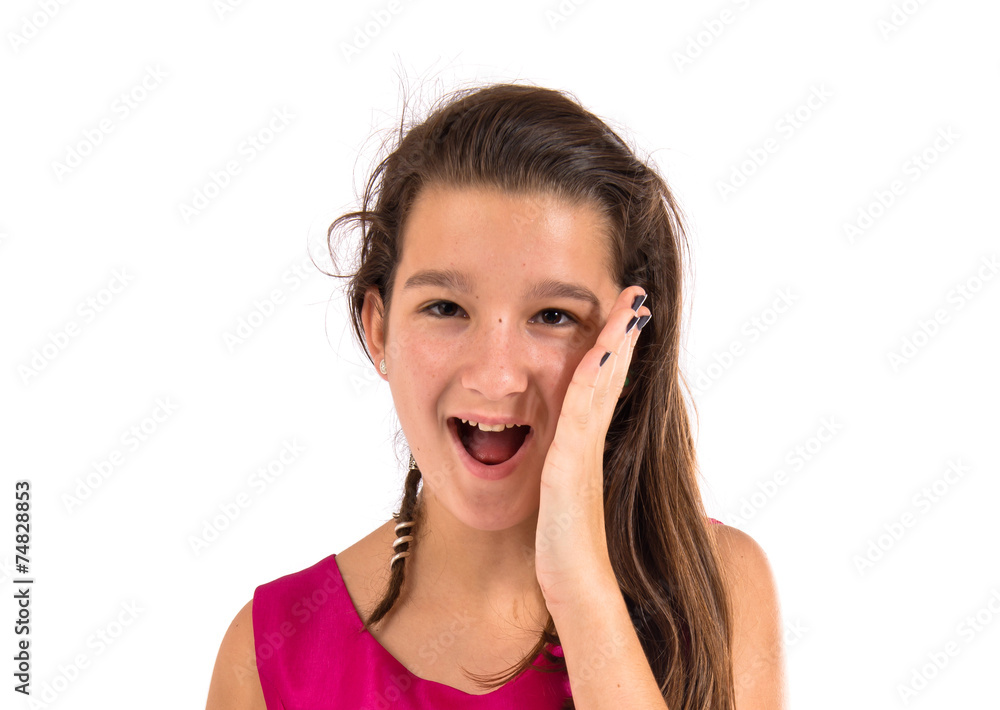 Girl doing surprise gesture over white background Girl doing surprise gesture over white background