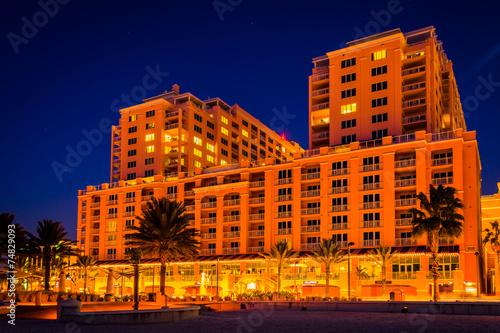 Large hotel at night in Clearwater Beach, Florida.