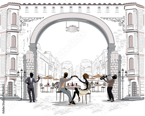 Series of street cafes in the city with people drinking coffee