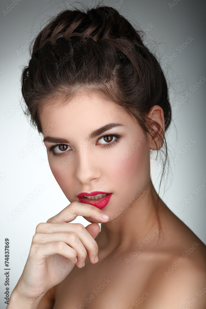 Beauty Portrait. Beautiful Woman Touching her Lips. Perfect Fres Beauty Portrait. Beautiful Woman Touching her Lips. Perfect Fres