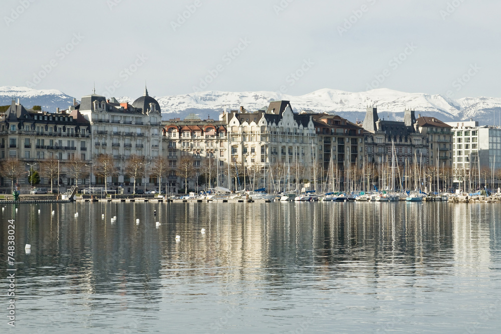View of the city and Lake Geneva in Switzerland