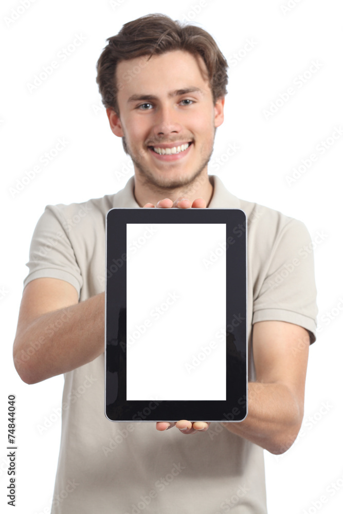 Young man holding and showing a blank tablet display app
