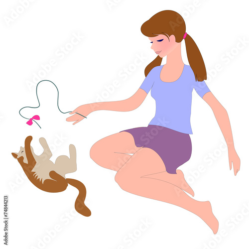 Girl plays with cat