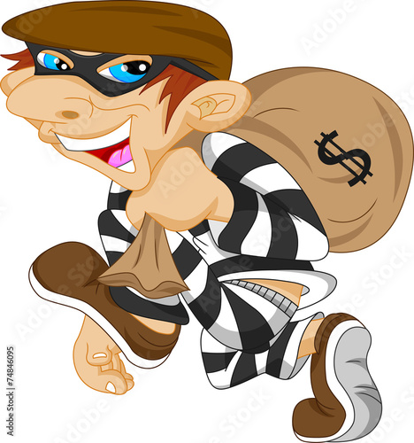 Thief carrying bag of money with a dollar sign