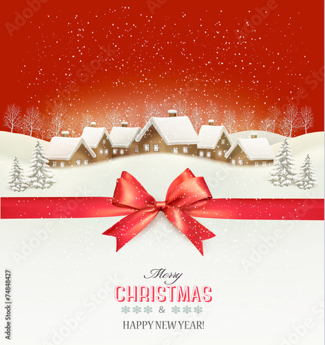 Holiday Christmas background with a village and a red gift ribbo