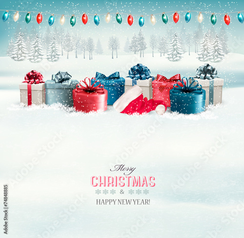 Winter christmas background with presents and a garland. Vector.