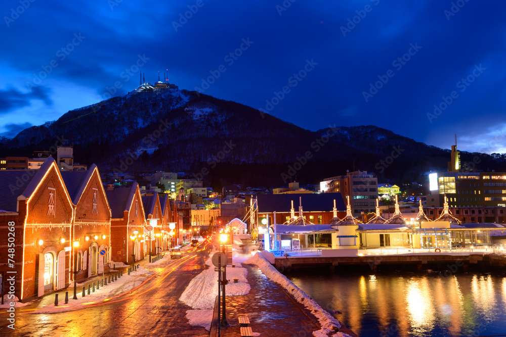 Fototapeta premium Kanemori Red Brick Warehouse in the twilight in Hakodate, Hokkai