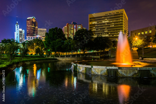 The Charlotte skyline and fountain seen at Marshall Park, in Cha