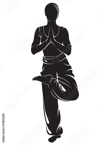 Woman in tree pose. Vector silhouette, isolated on white