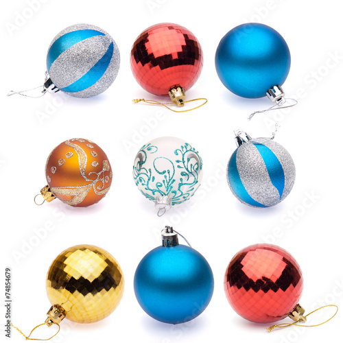 orange, blue, blue-silver, red, yellow, white christmas balls on