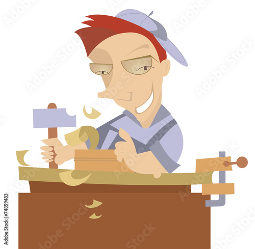 Cheerful carpenter works at joinery shop