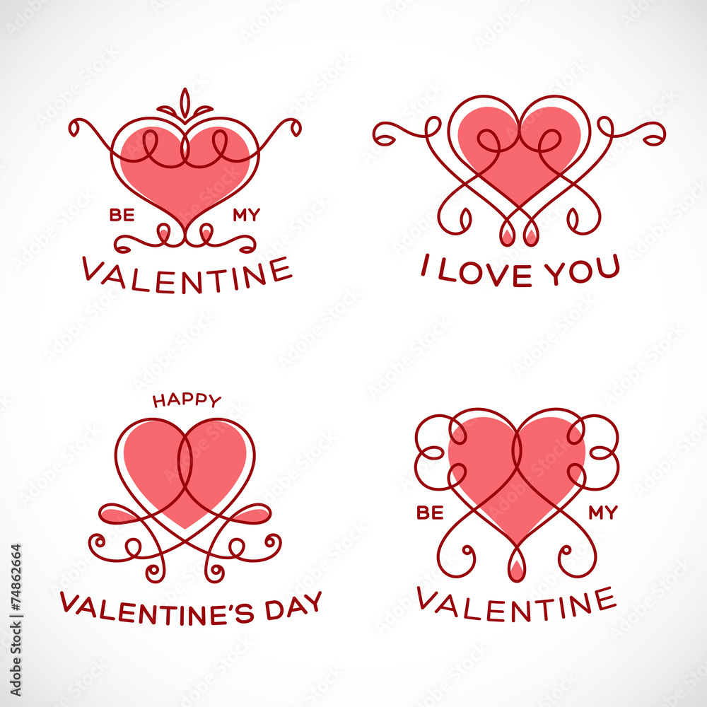 Graceful Floral Valentine Line Style Vector Heart Set