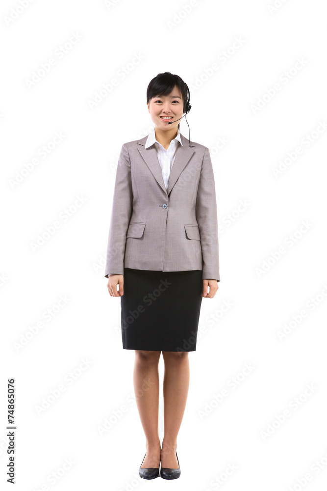 서서 제스처를 취하는 전화 고객센터 컨설턴트 서서 제스처를 취하는 전화 고객센터 컨설턴트