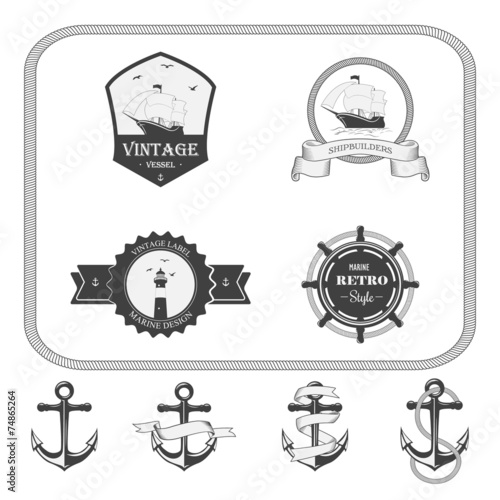 Set of vintage nautical labels, icons and design elements