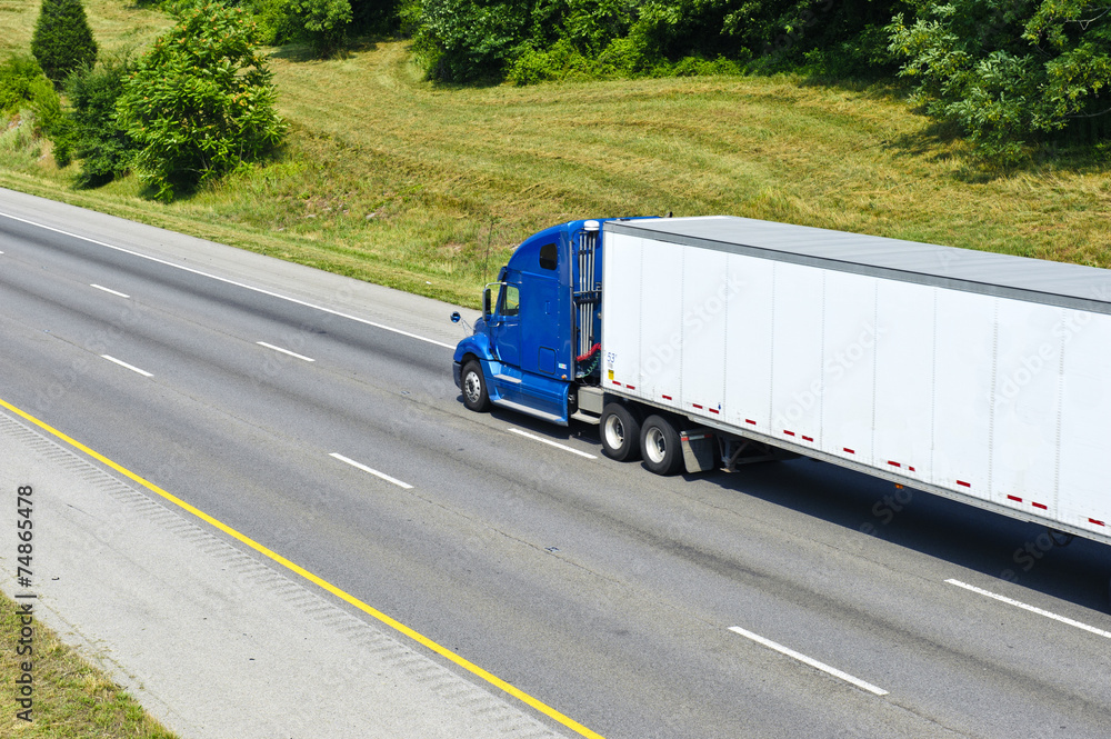 Single Blue Semi Truck On Interstate Highway
