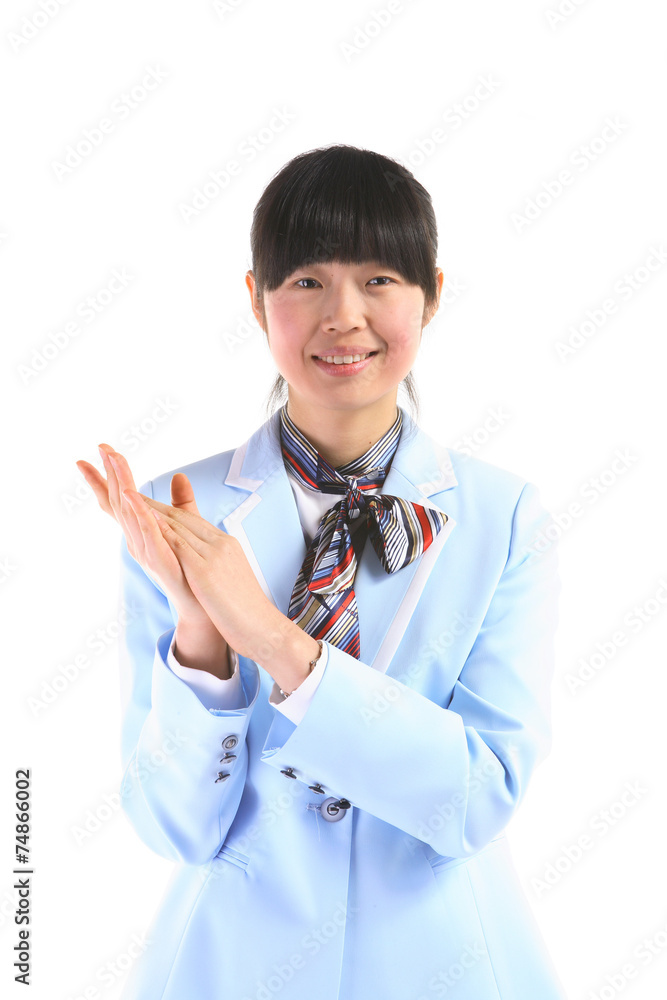 서서 제스처 취하는 아시안 스튜어디스 서서 제스처 취하는 아시안 스튜어디스