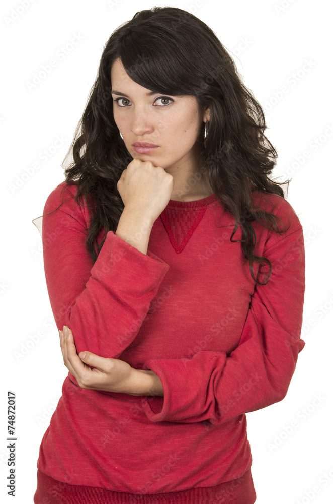 pretty young girl wearing red top posing serious pretty young girl wearing red top posing serious