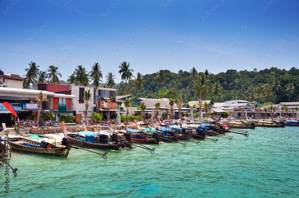 Long Tail Boats on Beach at Phi Phi Leh island, Krabi, Thailand