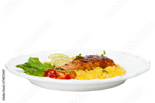 Grilled salmon with seasoned rice on White Background