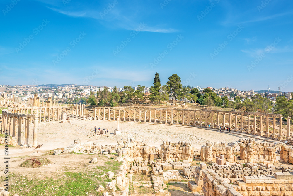 Jerash's Oval Forum in ancient Gerasa, modern Jerash, Jordan